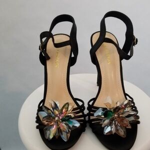 LILIANA Buckle Sandles | Black Jeweled Heels